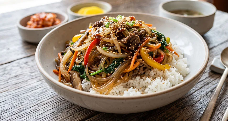 Stir-fried Glass Noodles and Vegetables with Rice | 잡채덮밥